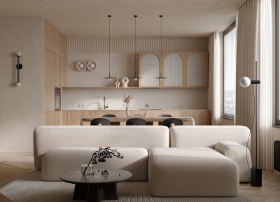 柔和的灯光，舒适的米黄色！宁静的现代家居装修设计素材中国网精选