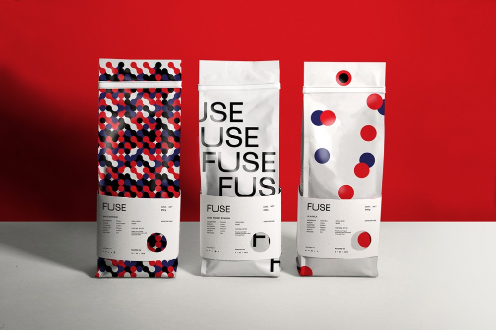时尚红蓝圆点，FUSE咖啡品牌形象和包装设计