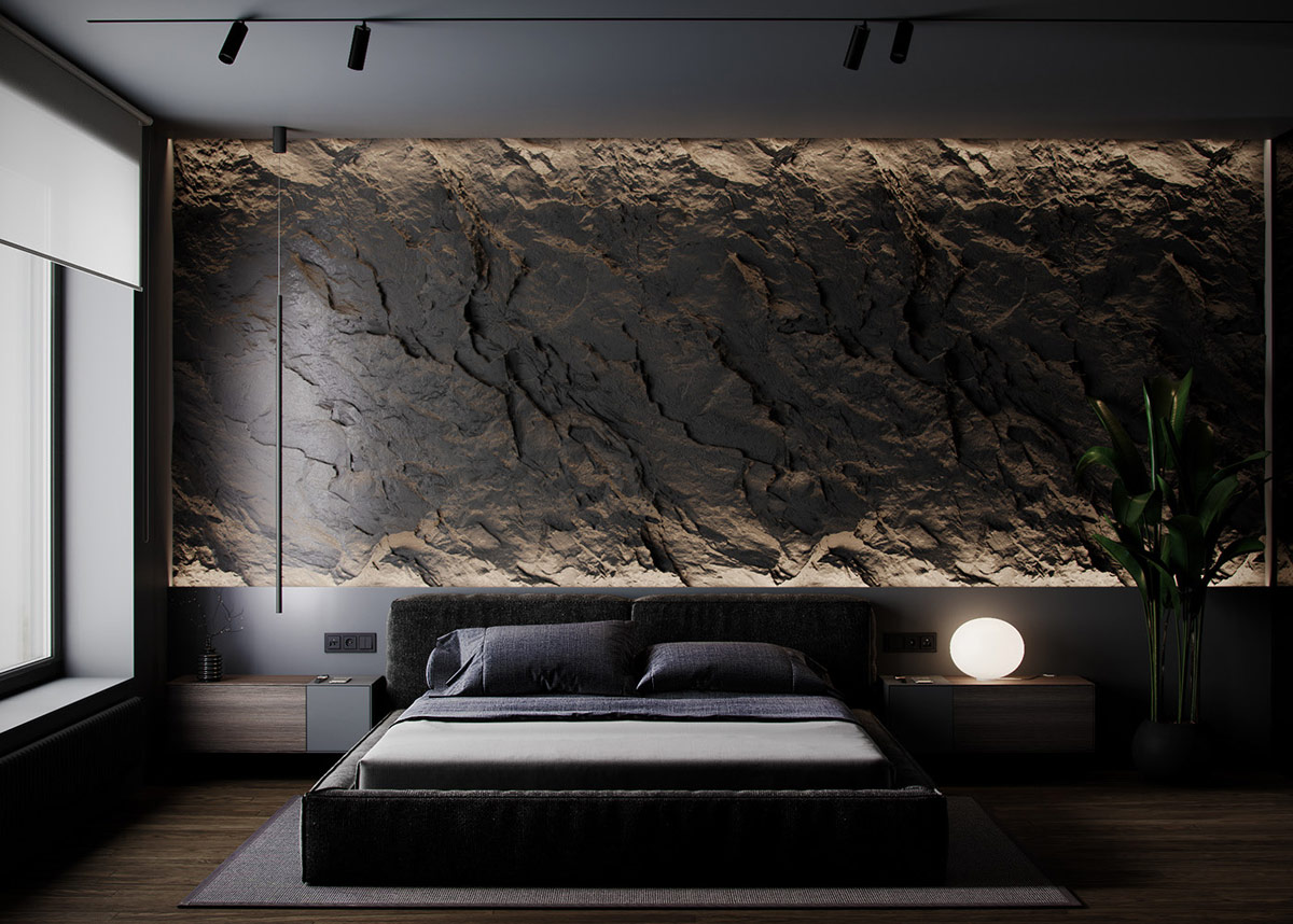 木质色调+凹凸岩石背景墙！酷黑风格豪宅设计