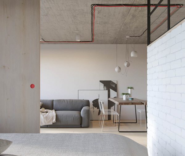 混凝土天花板和裸露的电线：52平米工业风格公寓设计