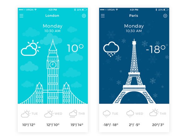 30款扁平化天气APP UI设计欣赏