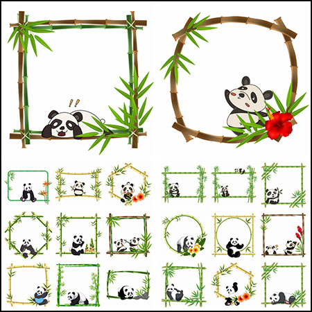30款在竹子上玩耍的可爱熊猫边框PSD分层模板