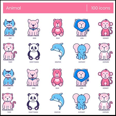 100个卡通动物AI/SVG/PNG/EPS16图库矢量图标精选