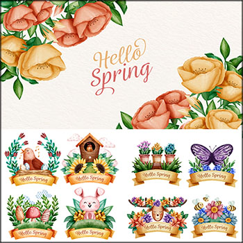9套你好春天春季水彩花卉横幅促销海报素材中国矢量素材精选