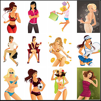 25款漂亮性感卡通女孩矢量人物插图