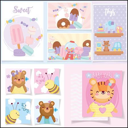 老虎、兔子、熊与花朵卡通动物明信片16图库矢量插图精选