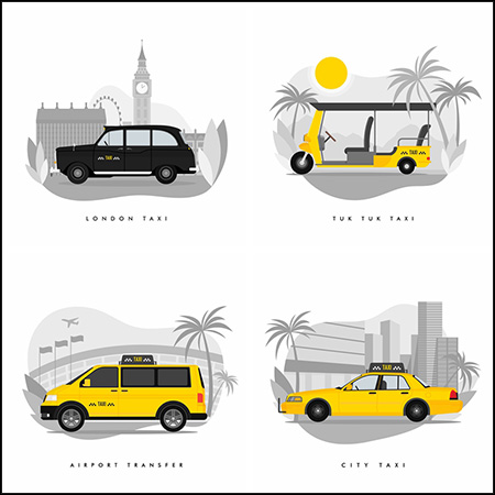 4款城市出租车景点观光车场景卡通插图易图库矢量模板精选