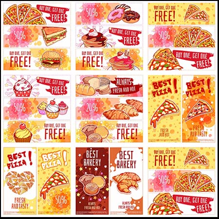 披萨面包和甜甜圈展板横幅矢量海报