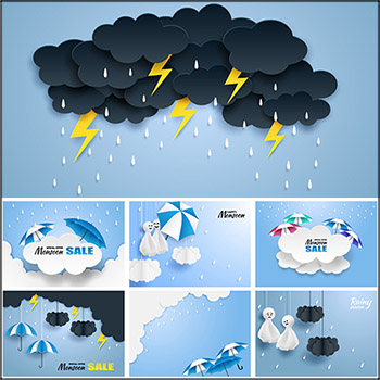 下雨天气雨伞雨具促销剪纸风格素材中国矢量插图精选