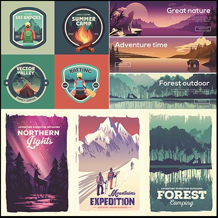旅游渡假野营冒险设计图标海报和横幅普贤居矢量素材精选