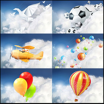 6款云朵上的气球飞机千纸鹤等素材天下矢量背景精选