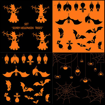 万圣节树妖树怪蝙蝠蜘蛛和蜘蛛网剪影矢量海报插图