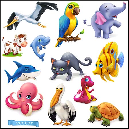 可爱卡通热带野生动物和海洋动物3D16图库矢量素材精选
