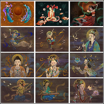 中国风嫦娥敦煌石窟壁画佛教佛祖国潮手绘插画PSD分层素材