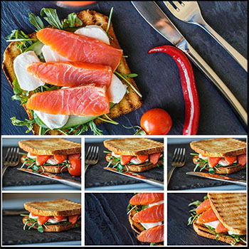 红色新鲜三文鱼和黄瓜番茄组合美食成品JPG高清图片