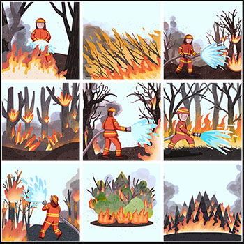 29款森林火灾逆行英雄消防员救火卡通插画PSD模板