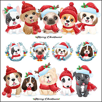 7套可爱小狗冬季圣诞节装饰插画素材中国矢量素材精选