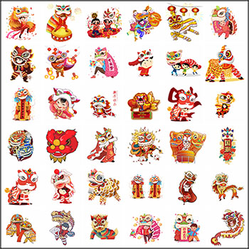 中国风新年春节卡通舞龙舞狮喜庆节日海报装饰PNG免抠图素材