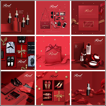 18款红色喜庆女性用品化妆品广告海报PSD分层模板