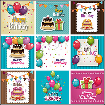 10款生日快乐生日蛋糕和气球横幅海报插图素材