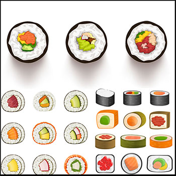 3套圆形和方形寿司美食素材天下矢量插图精选