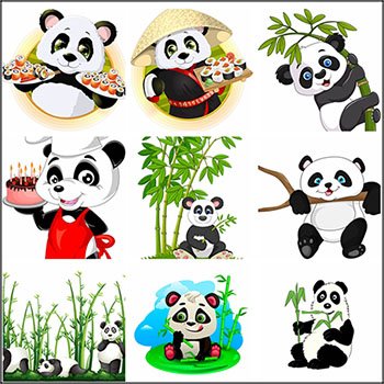 12款吃竹子和寿司的熊猫普贤居矢量插图精选