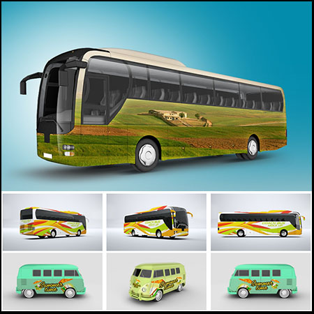 客车公交大巴车车体智能广告贴图样机LOGO展示PSD模型