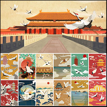 61款中国风国潮插画仙鹤背景横版和竖版PSD模板