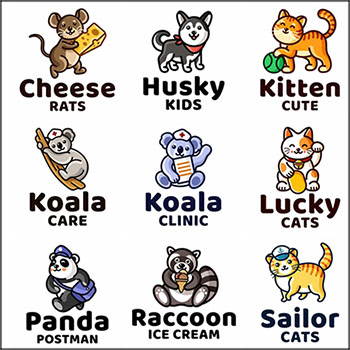 9款小猫熊猫招财猫老鼠考拉小狗儿童趣味动物矢量LOGO图标