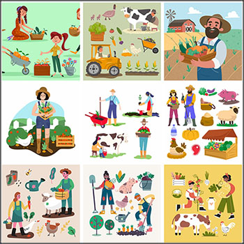 10套有机农业农场动物和蔬菜种植16图库矢量插图精选