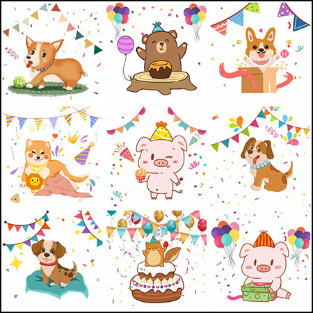 18款生日快乐可爱卡通动物海报插图PSD模板