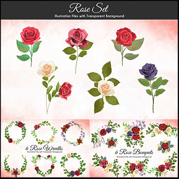 5套水彩玫瑰花环花朵16素材网矢量插图精选