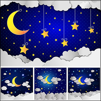 5款天空夜空的月亮星星和云朵易图库矢量插图精选背景