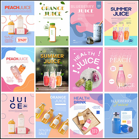 32款水果饮料夏季果汁饮品促销打折海报PSD模型