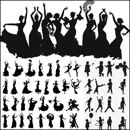 6套跳舞的女人和运动的孩子人物剪影素材中国矢量插图精选