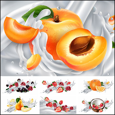 水果和浆果飞溅的牛奶或酸奶海报插图聚图网矢量素材精选