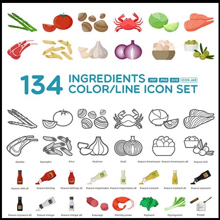 134个漂亮的蔬菜海鲜食物普贤居矢量图标精选