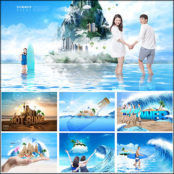 17款夏季冲浪海边渡假旅游海报PSD分层模板