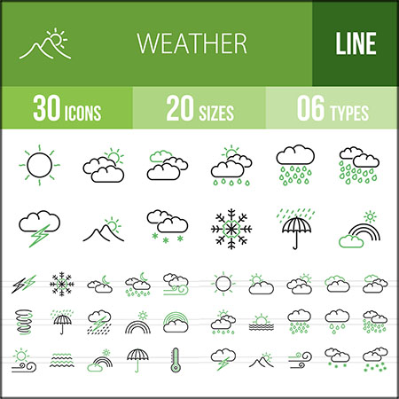 30个绿色线性天气图标CDR/SVG/EPS/PNG/AI素材中国矢量素材精选