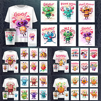 7套可爱有趣的怪物动物T恤样机印染图案16图库矢量插图精选