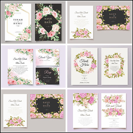 6款花卉装饰婚礼邀请函名片卡片16图库矢量模板精选