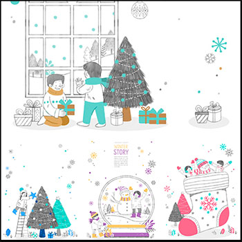 冬季圣诞雪人和儿童小孩矢量插画