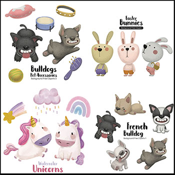 法国斗牛犬和独角兽与兔子水彩16素材网矢量插图精选