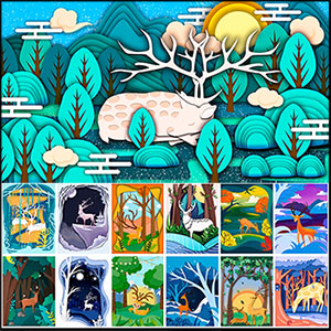 卡通森林麋鹿剪纸风格幼儿园海报背景插画PSD模板