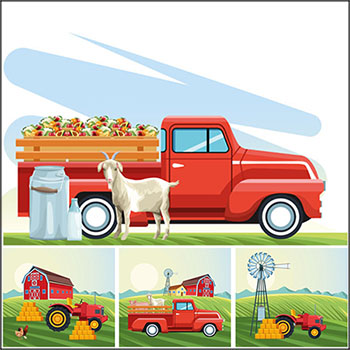 9款农场上的动物和农场景观图矢量插画