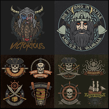 维京海盗和骷髅海盗与武器复古徽章T恤印花16设计网矢量素材精选