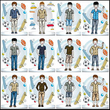 穿着不同休闲装的年轻运动卡通男孩16设计网矢量插图精选