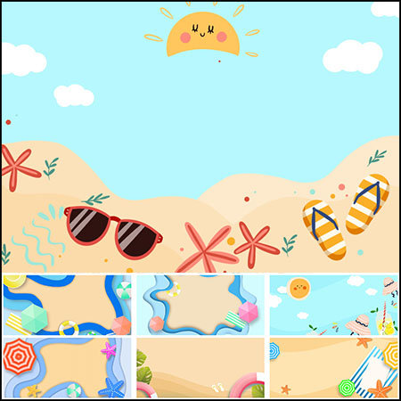 30款沙滩海边夏季卡通元素背景边框PSD模板