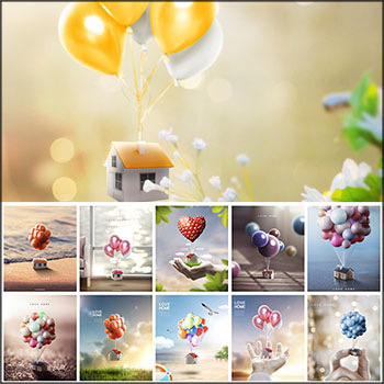 20款气球吊起小房子,幸福花园房地产宣传海报PSD模板