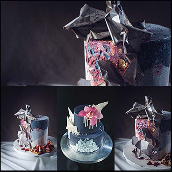 用白巧克力和兰花装饰的黑色结婚蛋糕JPG高清图片